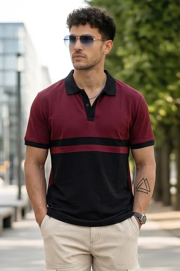 Black Maroon Colorblock Printed Regular Fit Polo T-shirt