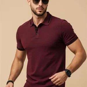 Maroon Pique Stripe Collar Regular Fit Tipping Polo T-shirt